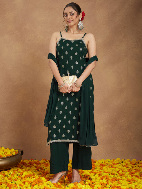Janasya Women's Dark Green Rayon Embellished Foil Printed Straight Kurta Set